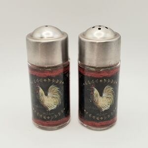 Vintage Le Cox Salt And Pepper Shakers Black Chrome Rooster Chicken Cottagecore